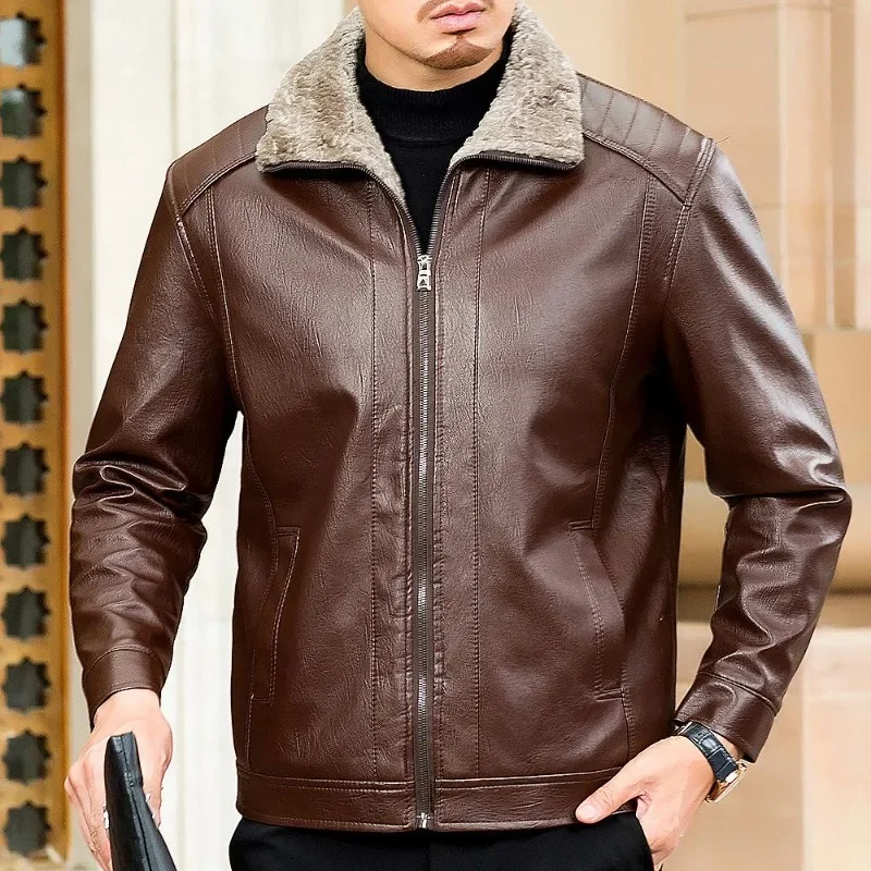

Men's Faux Fur Lined Leather Jacket Windproof Oversized Winter Coat with High Collar​
