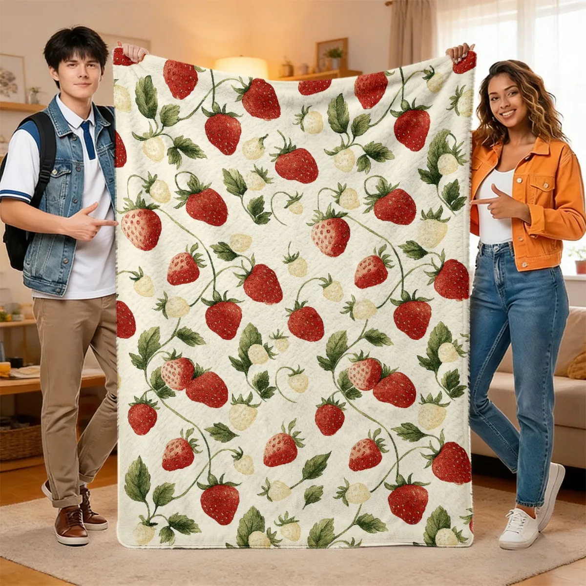 Sweet Strawberry Leaf Pattern Blankets Warm Cozy Sofa Throw Blanket Rustic Garden Fruit Room Decor Bed Nap Bedspread Blanket