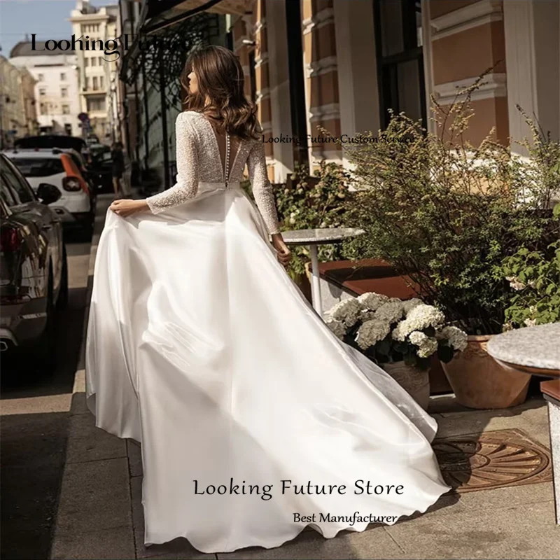 Luxyry A-Line Abito da sposa Lucido con perline Paillettes Piega Maniche lunghe Sexy Profondo scollo a V Backless Abiti con spacco laterale alto Personalizzato