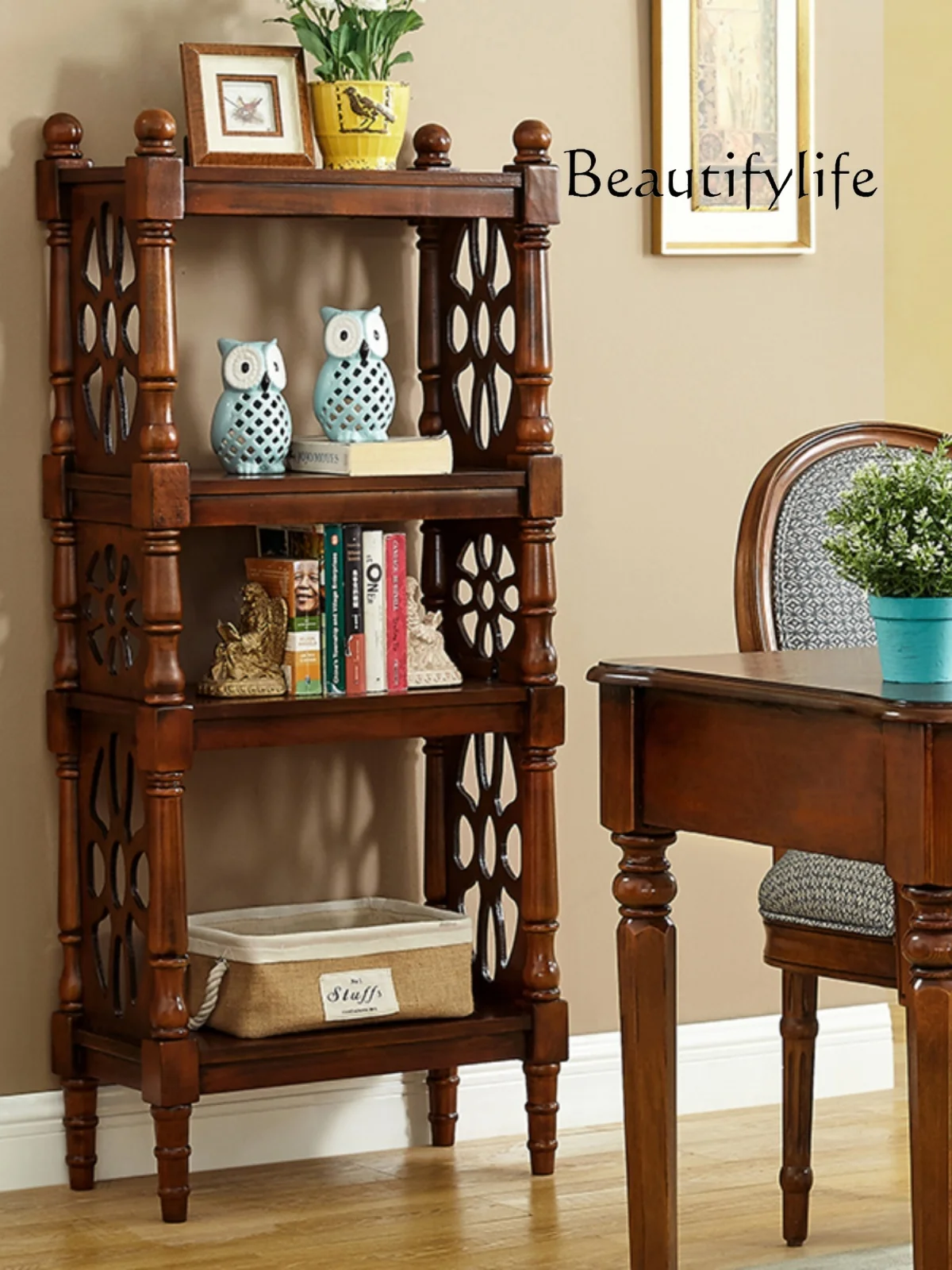 Solid Wood Shelf Bedroom European Bookshelf Cabinet Floor American Partition Storage Multi-Layer Flower Stand