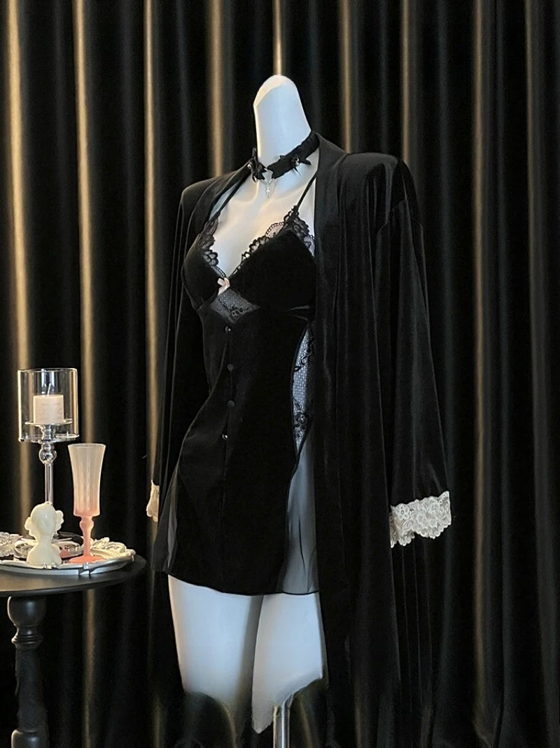 

Осень-зима 2026, новый черный бархатный бюстгальтер с бретелькой на шее, ночная рубашка, женская привлекательная пижама, идеальные интимные ночи или романтические вечерние