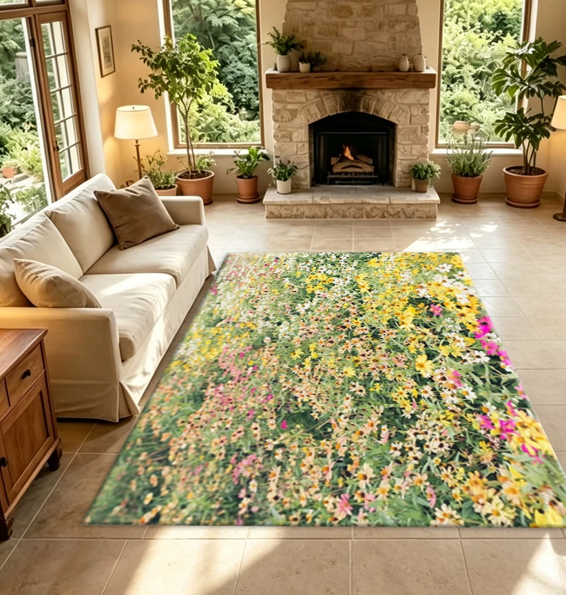 Floral Field Pattern Carpet Flooring, Colorful Wildflower Printed Rug for Living Space Home Decoration