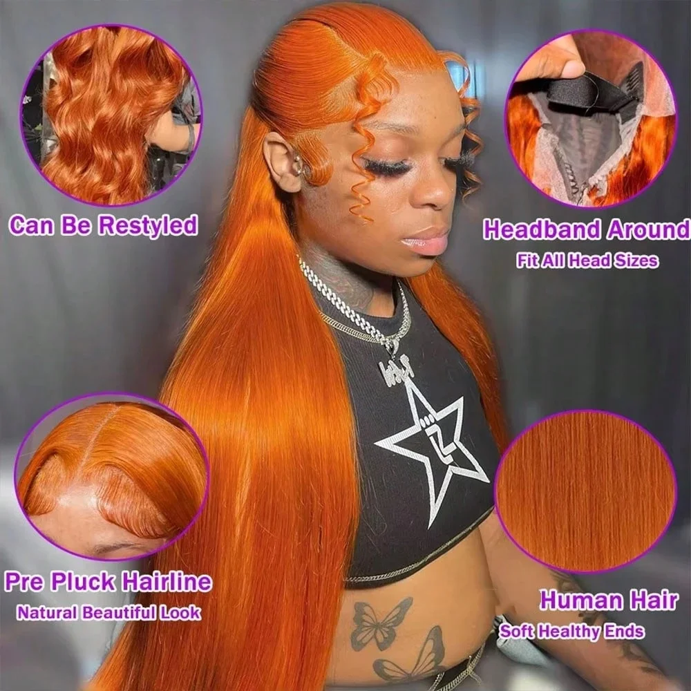 Ginger Orange 13x6 Hd Lace Frontal Wig 200Density Straight Human Hair Wig Lace Front Orange Colored Human Hair Wigs Pre Plucked For Women