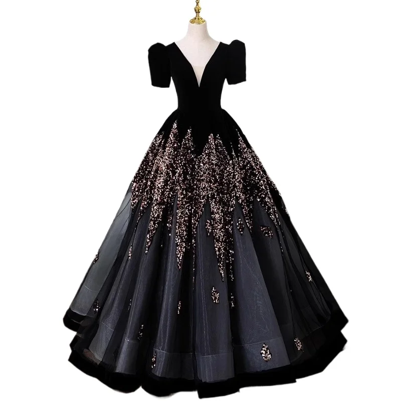 Vestido de noite preto personalizado com decote em V, show de passarela do anfitrião sofisticado, canto solo, exame de arte, roupa de performance, socialite elegante