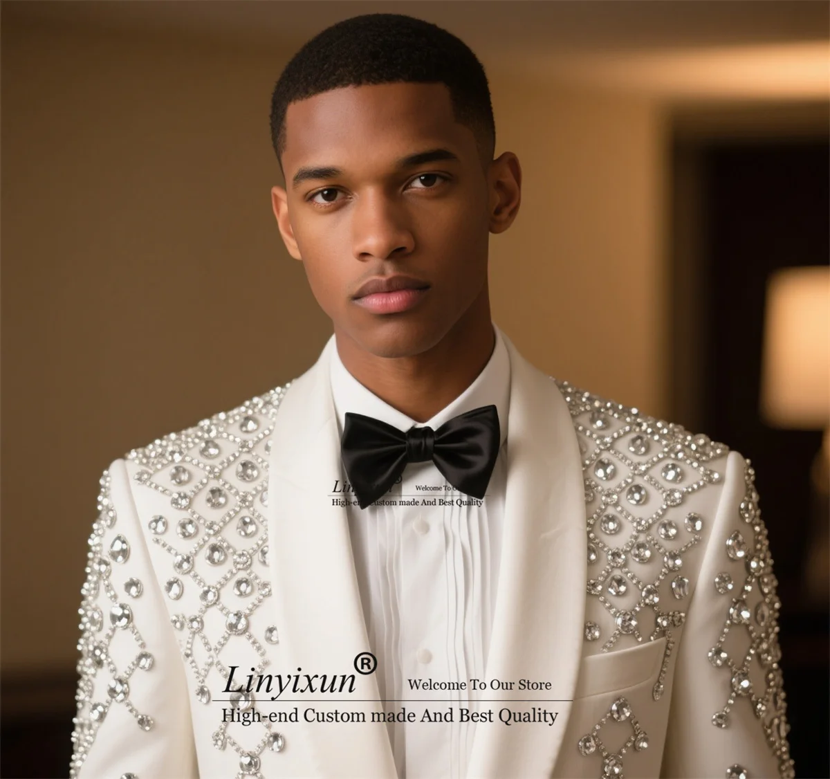 

Sparkly Rhinestones Crystals Tuxedo Men Suit Customized Groom Wedding Costume Homme Slim Fit 2 Piece Sets Male Prom Blazers