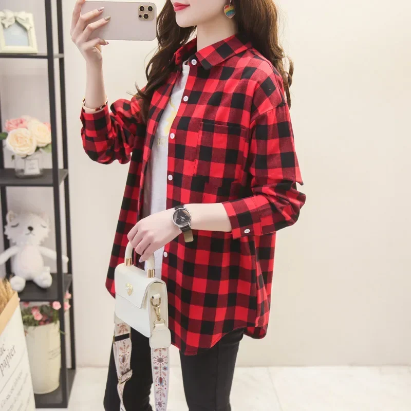 2024 New Fashion Loose Womens Plaid Shirt Fresh College Style Design Blouses And Tops Long Sleeve Casual Female Checked Clothes