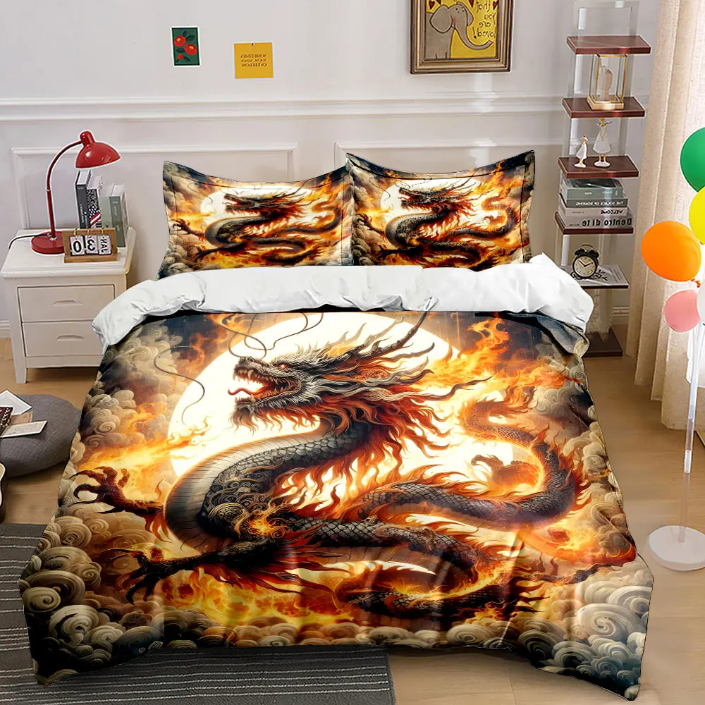 Fiery coiled mythical dragon Bedding Set for Kids Luxury Gift 3pcs Digital Print Comforter Set Soft Comfortable Breathable