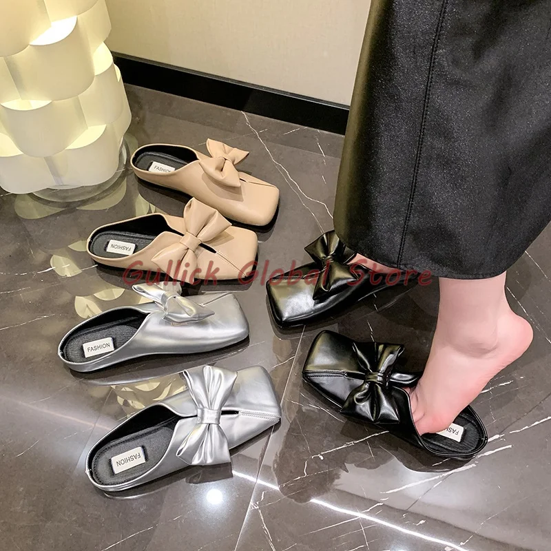 2024 New Arrival Slides Square Toe Shallow Wrapped Toe Flat Butterfly Knot Slippers Summer Outside Grace Soft Microfiber Dress