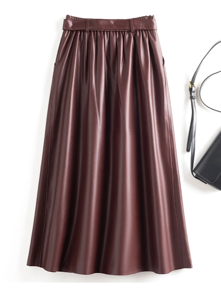 New Women Split Leather Skirt Spring Autumn Fashion Stretch High Waist A-line Long Skirt Casual Easy match Leather Skirt Female