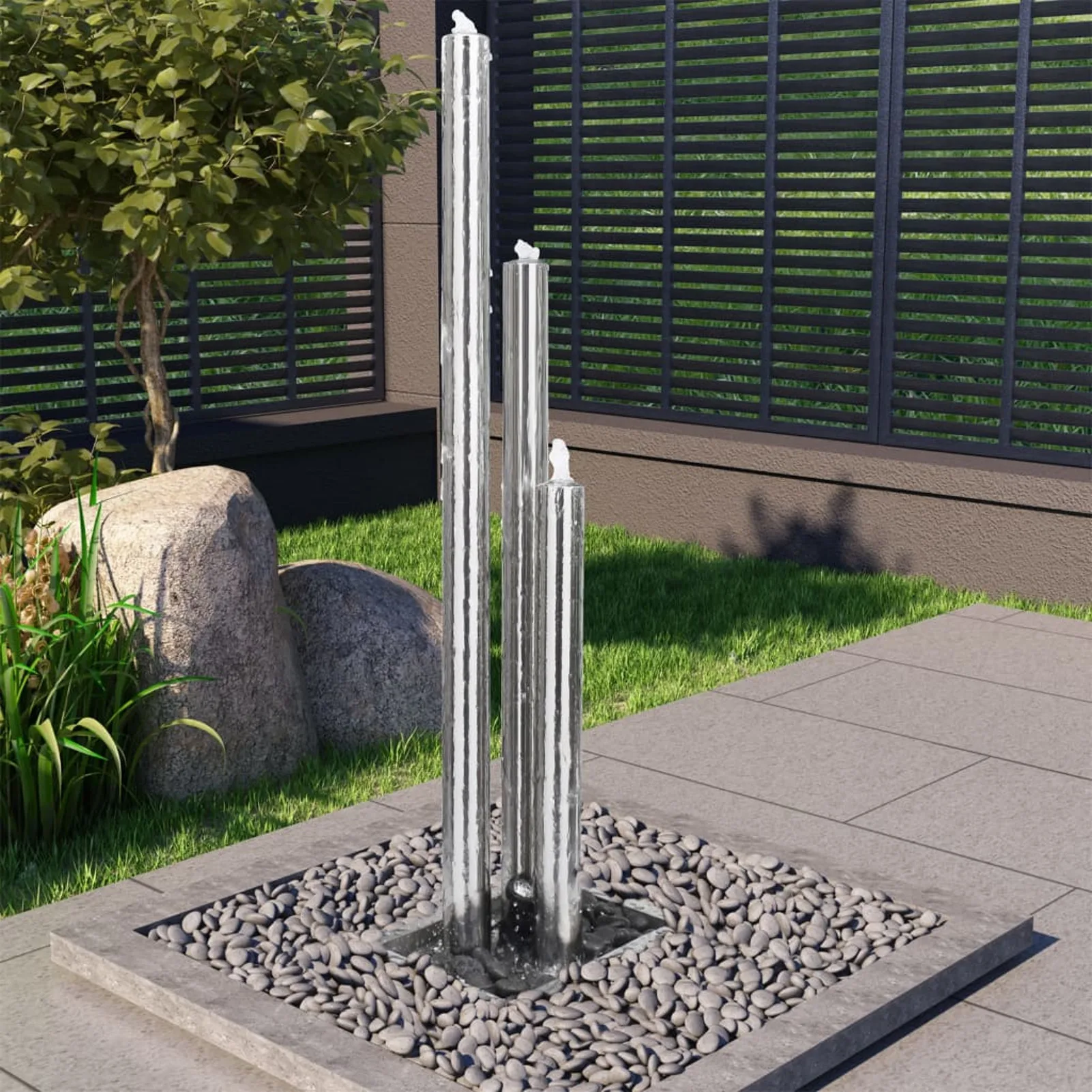Gartenbrunnen aus Edelstahl 304 mit LED-Leuchten und Wasserpumpe für Gartenterrasse, Dekoration,