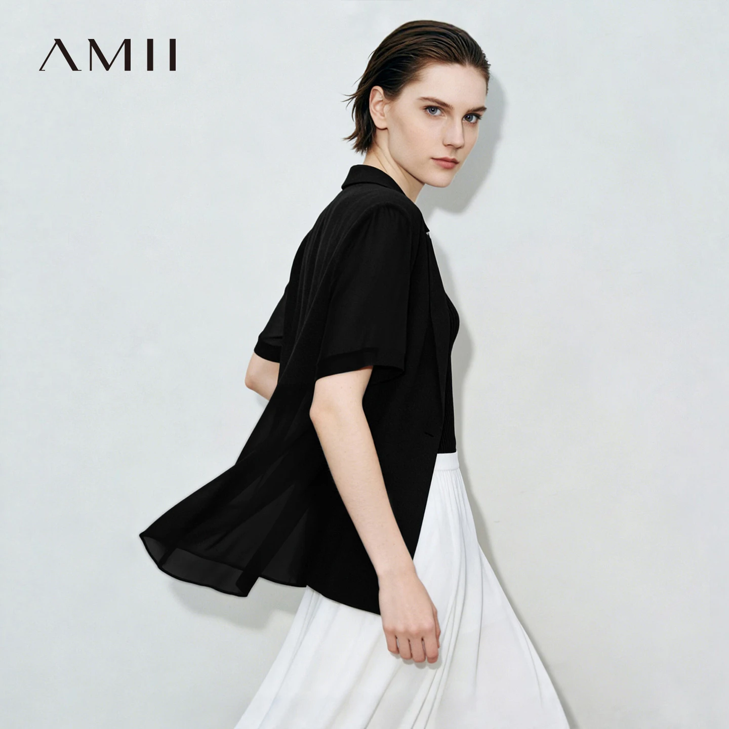 Amii Women's Blazer 2026 Summer New Notched Lapel Chiffon Splicing Short Sleeve Jacket Women's Single Button Casual Top 12622126