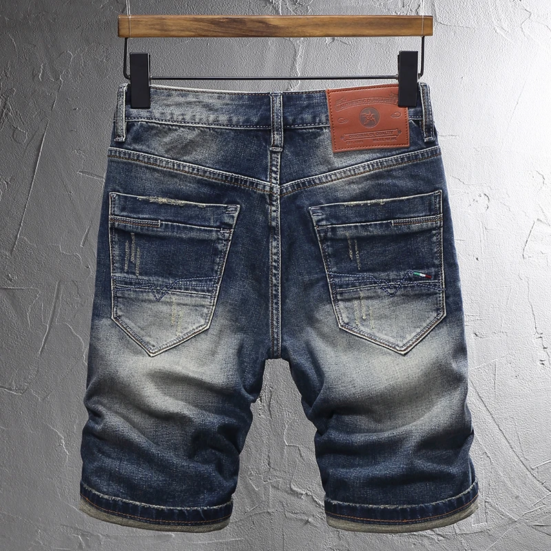 Fashion Vintage Men Jeans Shorts Summer Designer Retro Blue Stretch Slim Fit Ripped Short Jeans Embroidery Denim Shorts Men