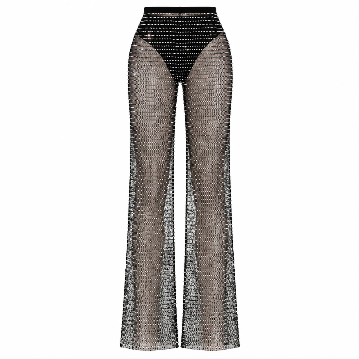 Damen-Mesh-Hose mit weitem Bein, Strass-Verzierung, hohe Taille, schmale Passform, transparente Hose, zum Überziehen über Jeans für Halloween-Party, Weihnachten, Nachtclub – Detail 6