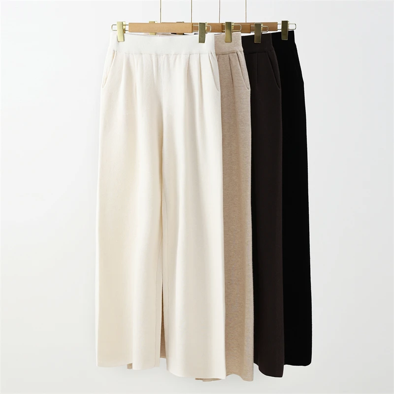 Women's Autumn Winter 100% Pure Wool Knitted Casual Trousers Extra Wide Loose High Waist Pants with Pocket Long Pants
