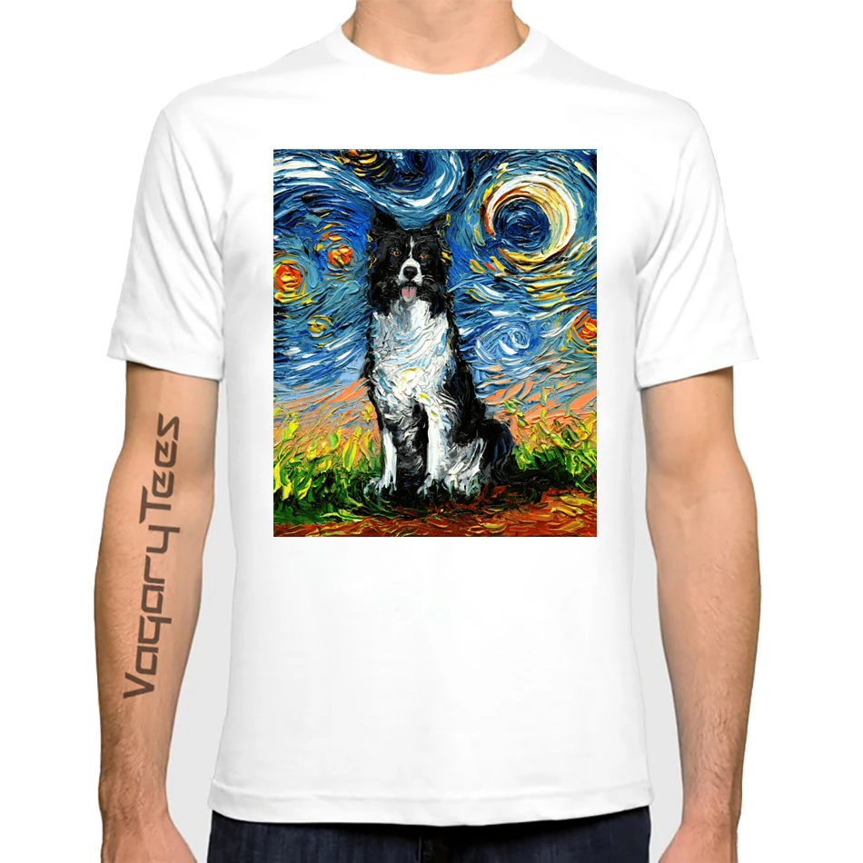 Border Collie Night Dog Painting Funny T Shirt for Men and Women Unisex Graphic Portrait Pet Design T-Shirt Men Streewear