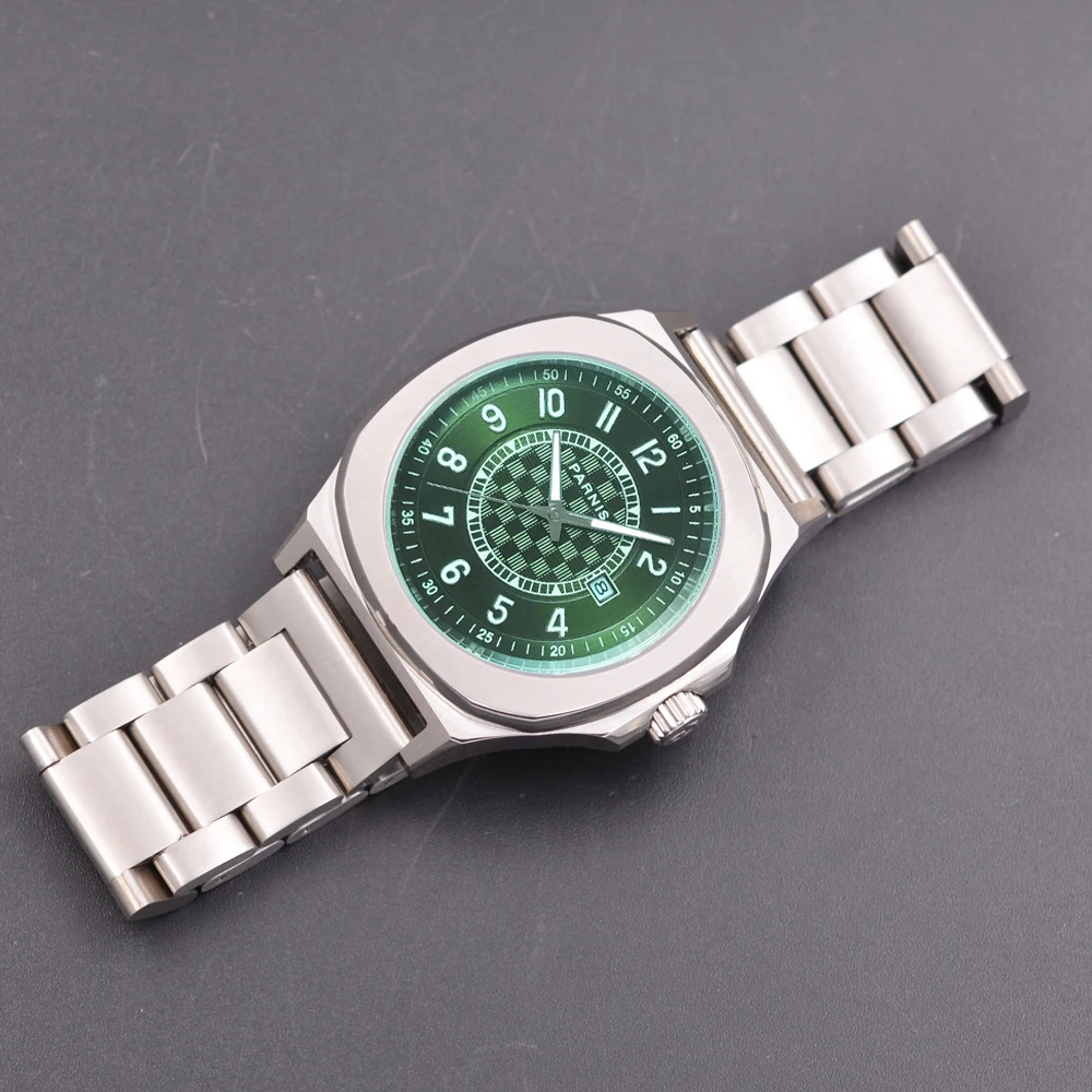 Parnis 42mm mostrador verde relógio mecânico masculino calendário de vidro safira automático relógio de pulso de aço inoxidável relogios masculino