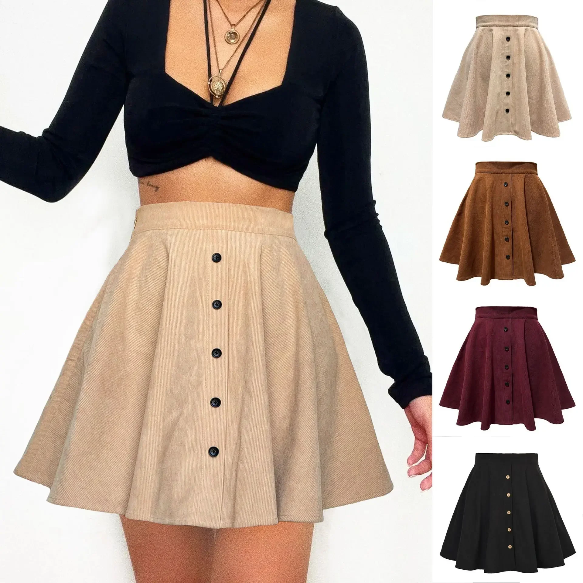 Women Corduroy Mini Skirts Casual Soild Single Button High Waist A-Line Balck Skirt For Lady Streetwear Autumn Clothing Harajuku