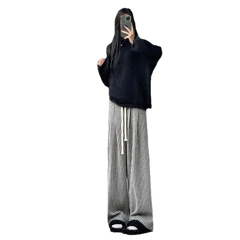 Spring Autumn Pants Women Retro Striped Knited Casual Daily Simple High Waist Wide Leg Trousers Stylish Temper Female All-match