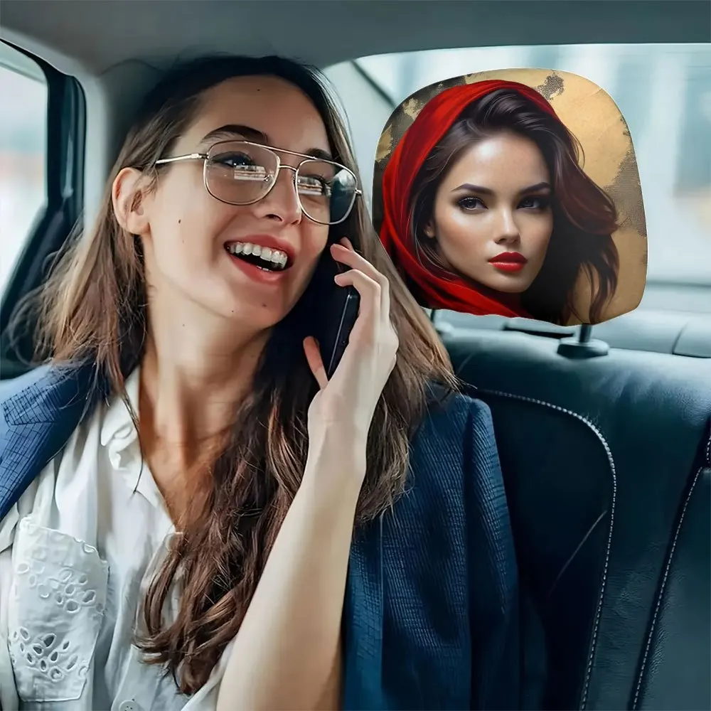 

2pcs of Vintage Red Scarf Lady Style Printed Car Headrest Covers, Creative Interior Decoration, Easy to Install And Wash