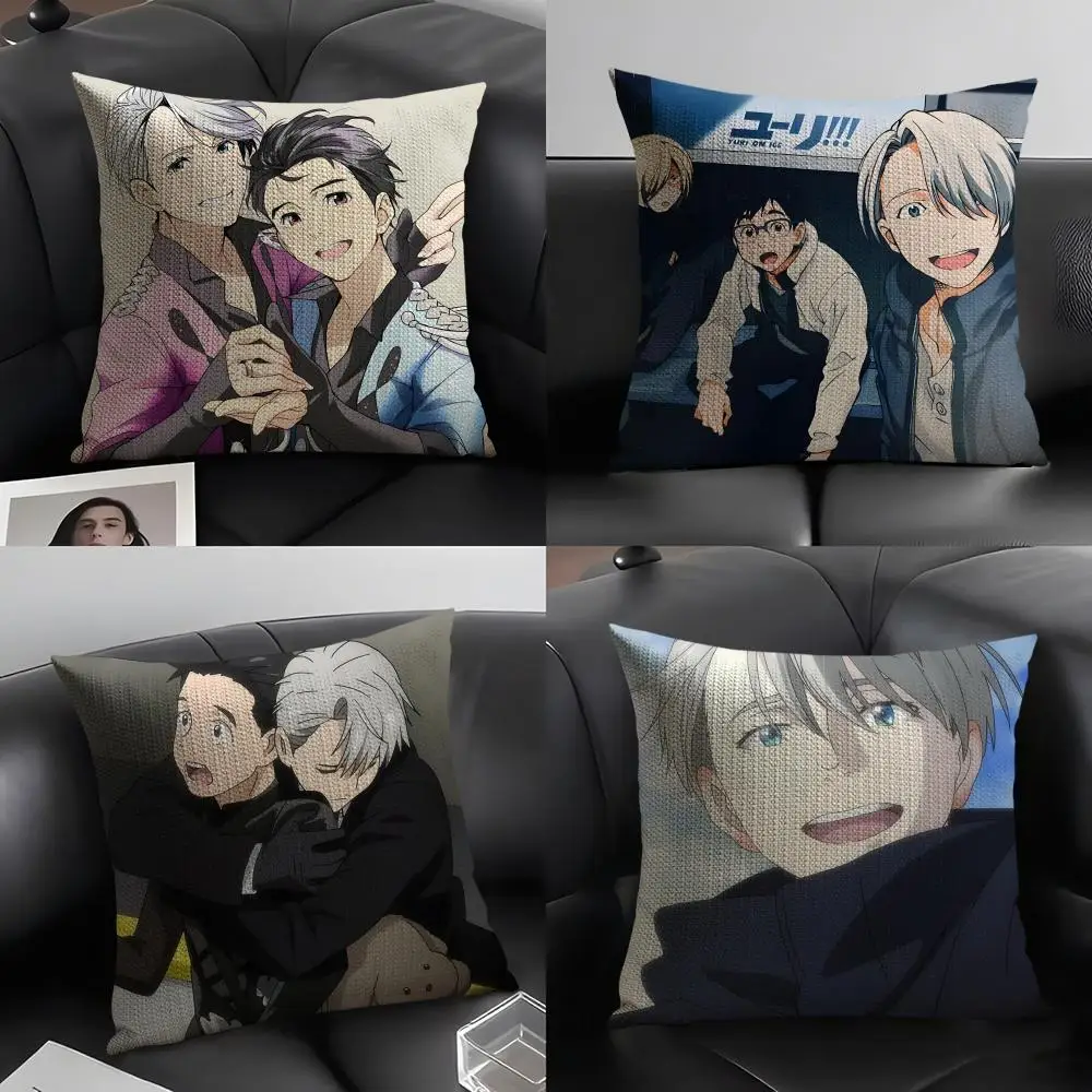 Funda de cojín de Anime Y-YURi On I-ICE, tela orgánica de lino Natural, impresión a doble cara, decoración del hogar, funda de almohada de regalo
