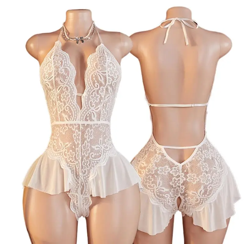 White Crotchless Bodysuits Women  Lingerie  Costume Porn Teddy Babydoll Wedding Dress Openness Women's Underwear Set