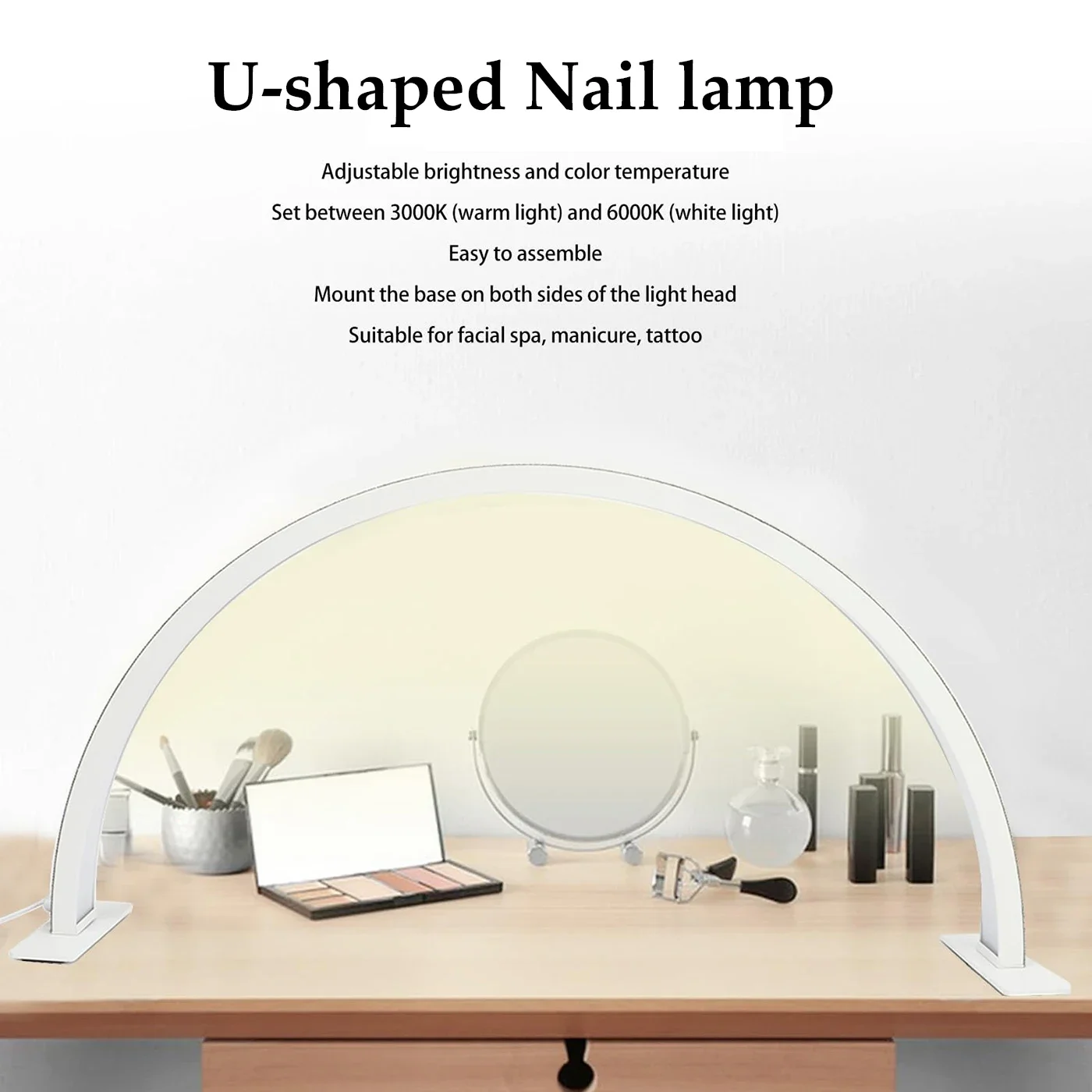 Desk LED Lamp Professional U-shaped LED Light Half-moon Manicure Light with Diamonds Makeup Desk Lamp for Nail Eyeblash Nail Art