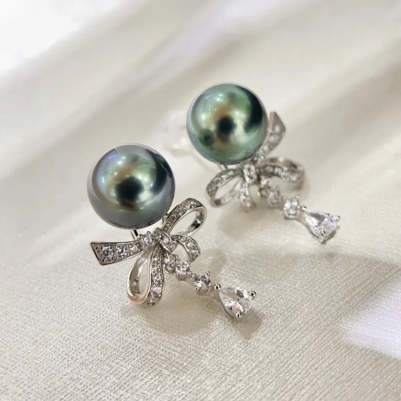 SGARIT اللون الطبيعي 10-11 مللي متر تاهيتي اللؤلؤ الأسود موضة القوس أقراط 925 فضة اللؤلؤ الفاخرة النساء هدية عالية الجودة #1