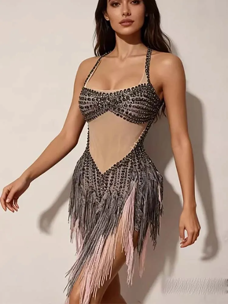 

Высокое качество, сексуальное платье нестандартной формы со стразами и кисточками, новинка 2025, модная женская одежда на заказ