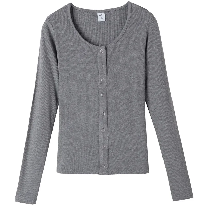 เสื้อยืดแขนยาวผู้หญิงPullover Single-Breastedบางอเนกประสงค์สั้นBottomingเสื้อผู้หญิงVคอด้านบน