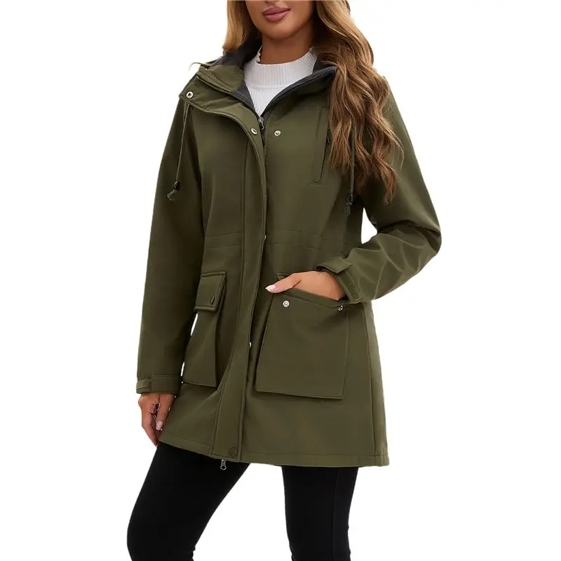 

A24F-Women Waterproof Softshell Jackets Warm Fleece Lined Coats With Hood Long Rain Jacket