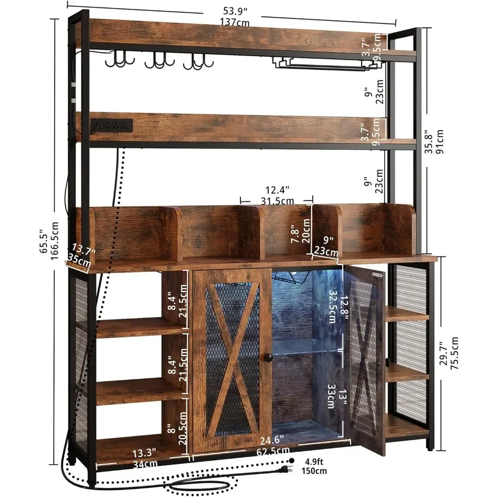 Mobile da Bar con presa di corrente, mobile da Buffet industriale con striscia LED e supporto in vetro, Bar per armadietto per liquori a 3 livelli