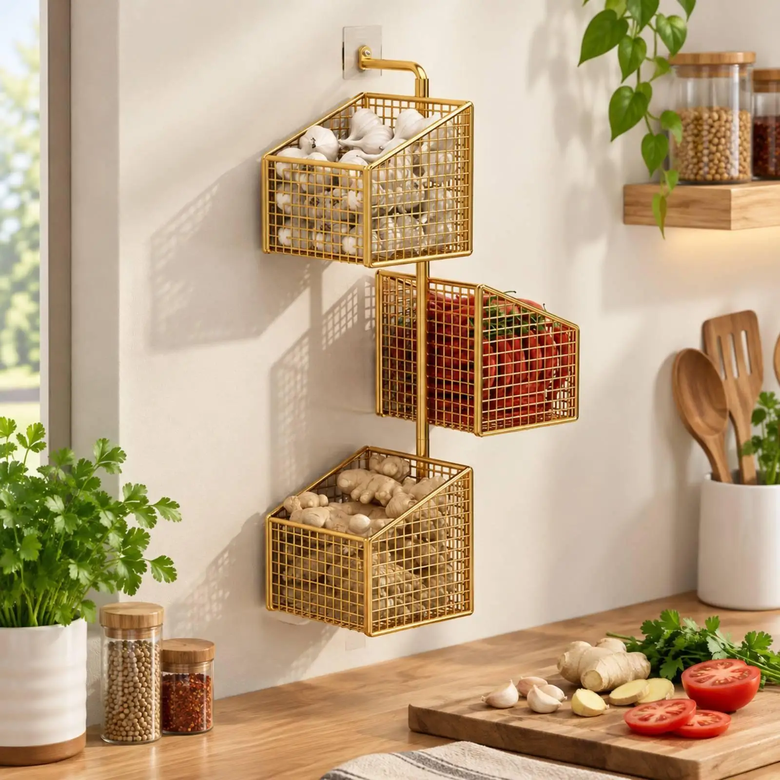 Wall Mounted Metal Spice Rack Rotating Wire Basket for Kitchen Pantry Storage Garlic Onion Holder