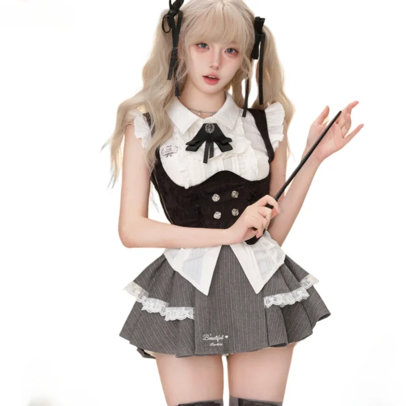 

2025Y2k Vintage 3Piece Set Women Preppy Style Gothic White Shirt Vest Mini Cake Skirt Suit Female Korean Fashion Elegant Outfits