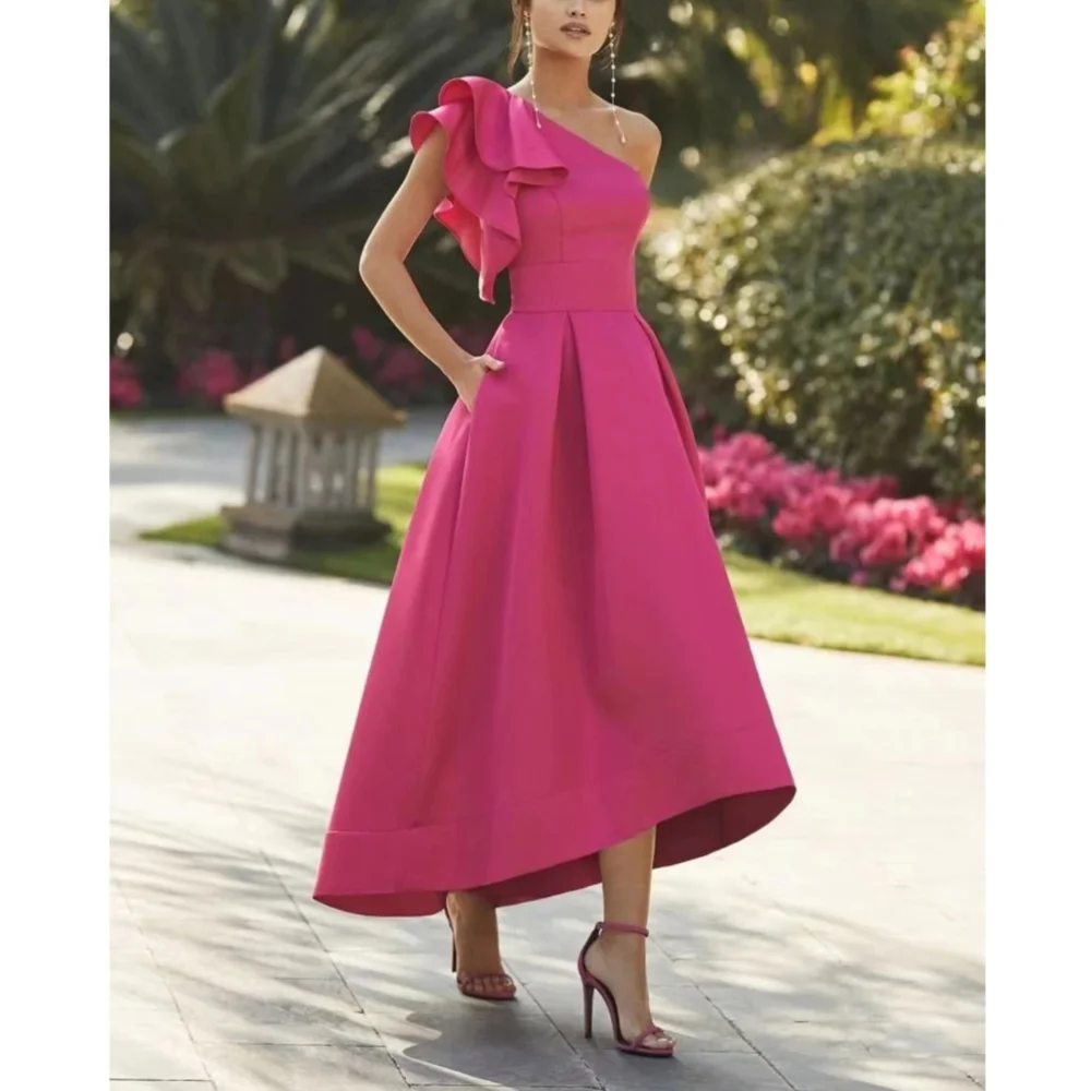 

Elegant Long Fuchsia One Shoulder Satin Evening Dresses Short Sleeves A Line Tea Length Vestidos Para Eventos Especiales