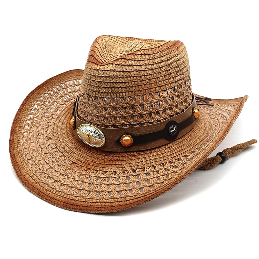 Retro zomer strohoed Western cowboyhoeden Verstelbare zomerstrandzonbescherming Zonnekap voor mannen en vrouwen Trekkoord