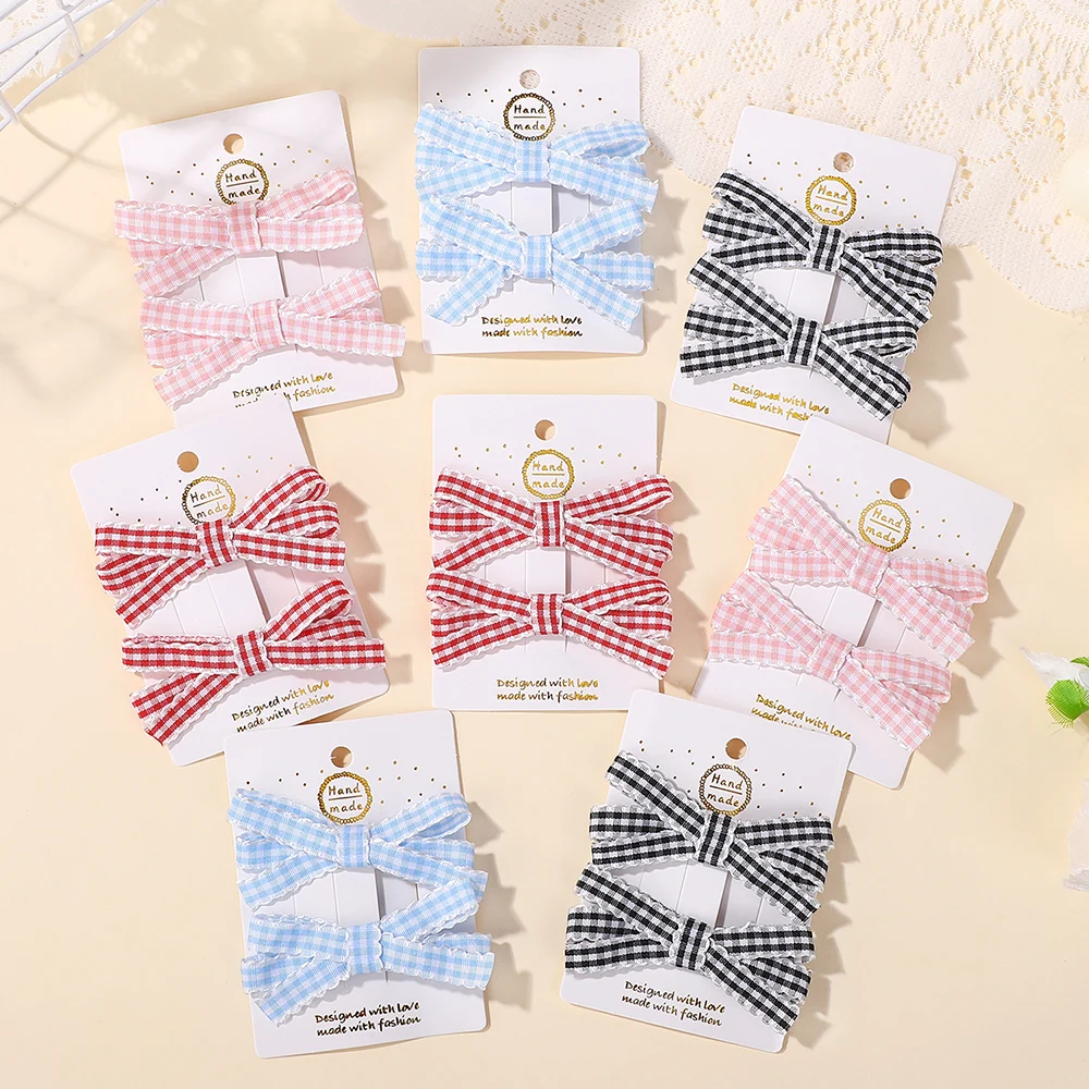 

2pcs/set Lovely Plaid Bang Bows Hair Clips for Women Girls Cute Double Layer Handmade Bowknot Hairpin Barrettes Hair Accessories