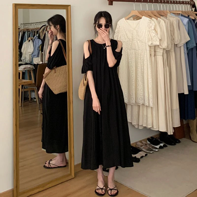 Summer Women Cold Shoulder Dress Hepburn Style Fashion Elegant Sweet All-match Loose Calf Length Skirt Dating Party Daily Black