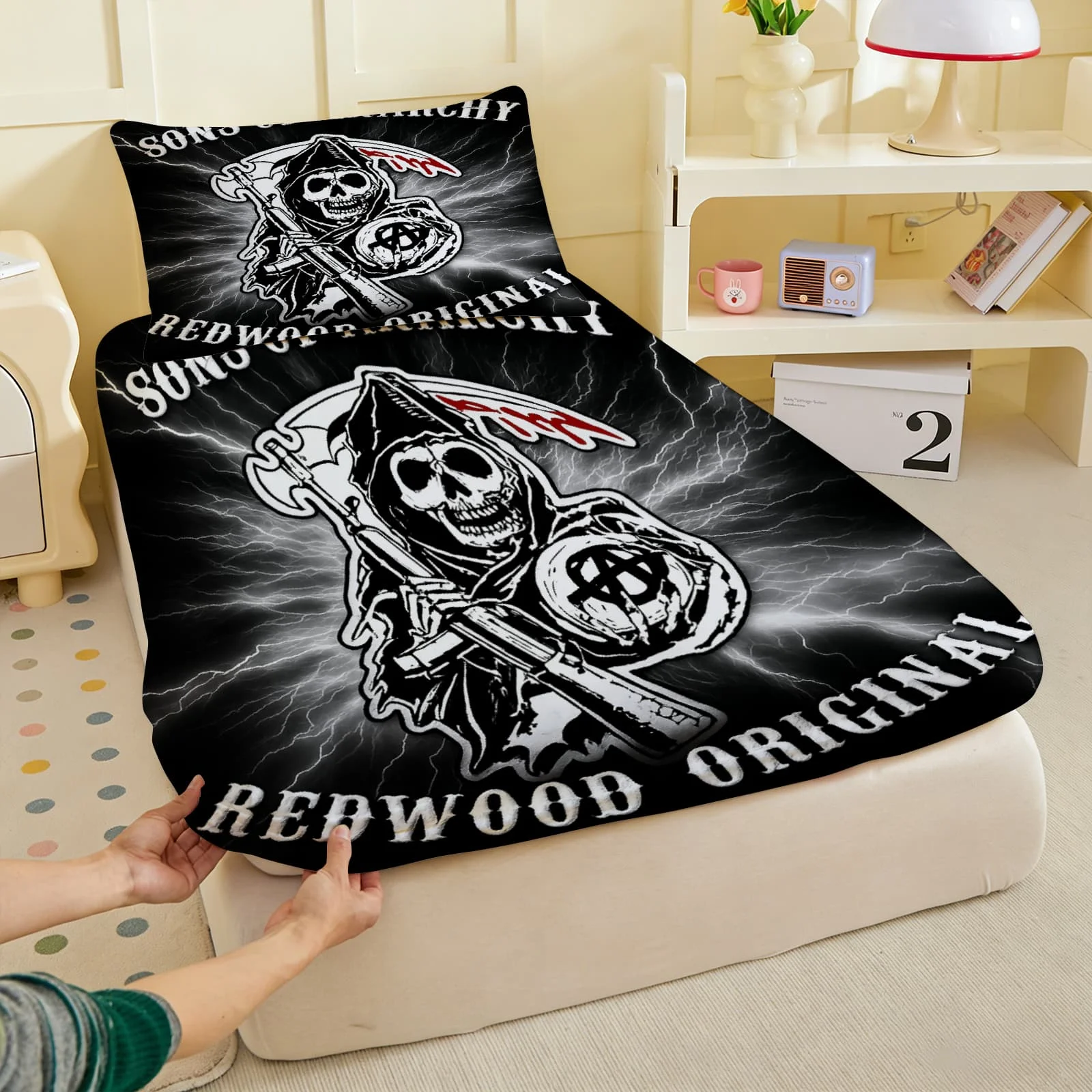 1pc Sons of Anarchy Reaper LightningPrint Fitted Sheet Deep Pocket Elastic Mattress Cover Single Double Queen King Bedroom Decor