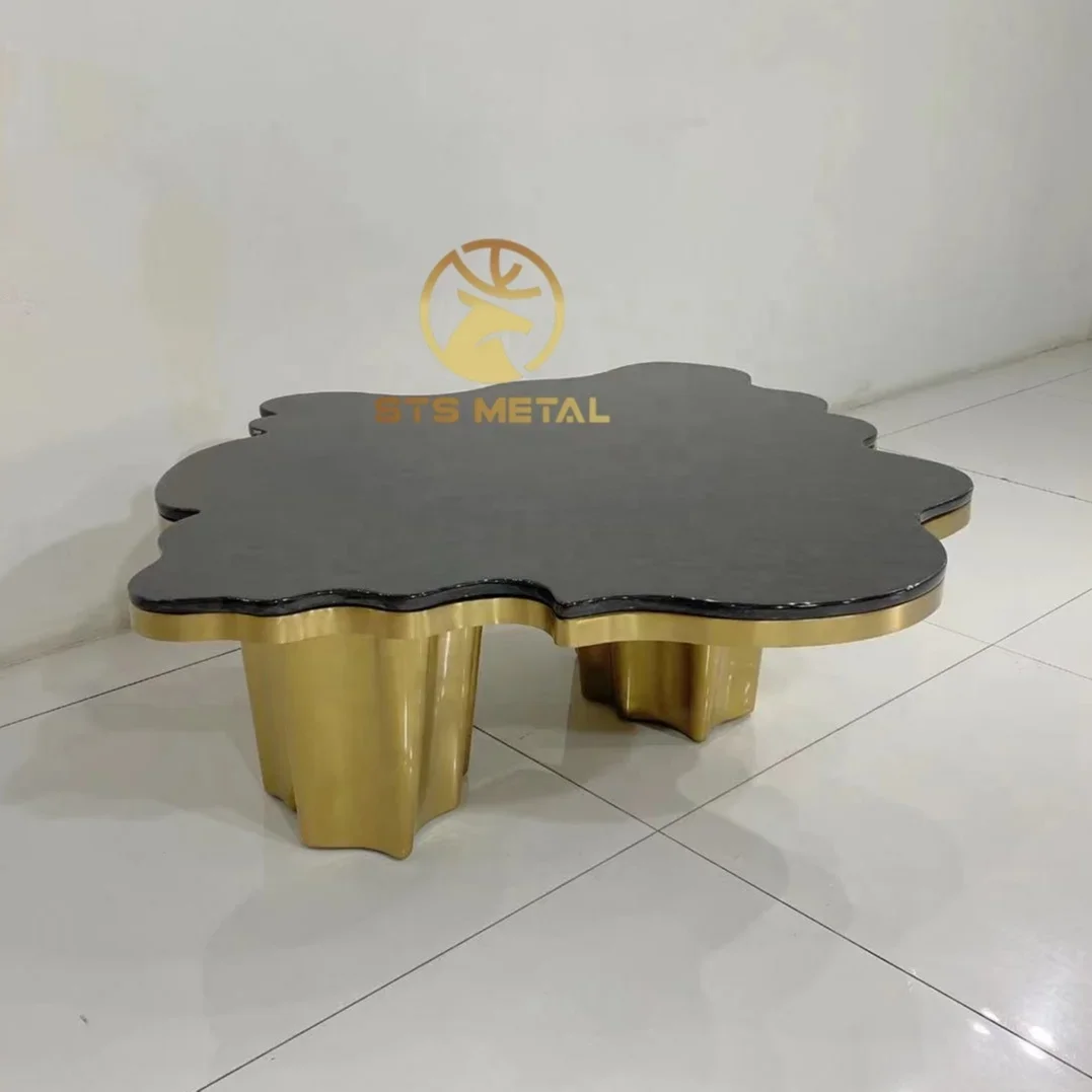 

Luxury gold stainless steel base natural marble top coffee table with 2 legs living room functional deco side table center table