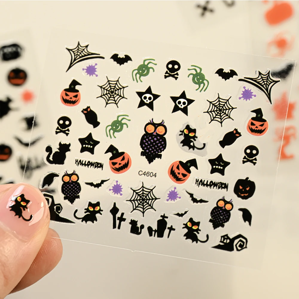 24PCS/SET 3D Halloween Nail Stickers Cartoon Black Spider Web Skull Bat Nail Decals  5x6cm Self-adhesive Hallowen Them Nail Slid