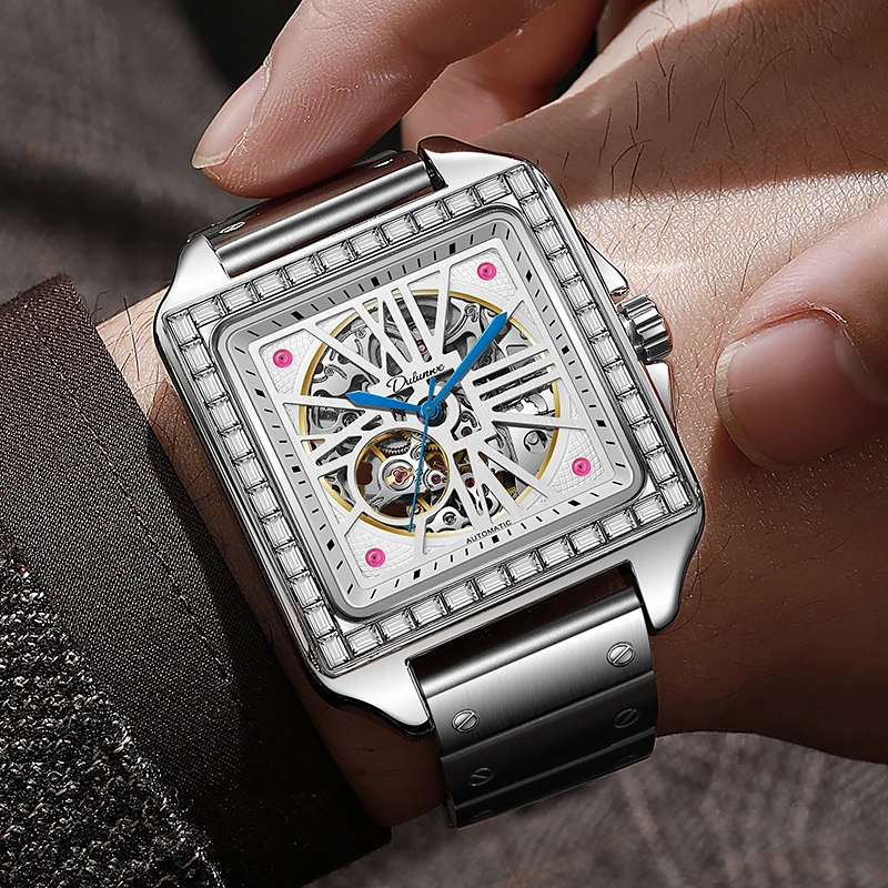 Dulunwe Fashion Gentleman Mechanical Watch for Men Square Crystal Bezel Full Skeleton Dial  Automatic Wrist Watch