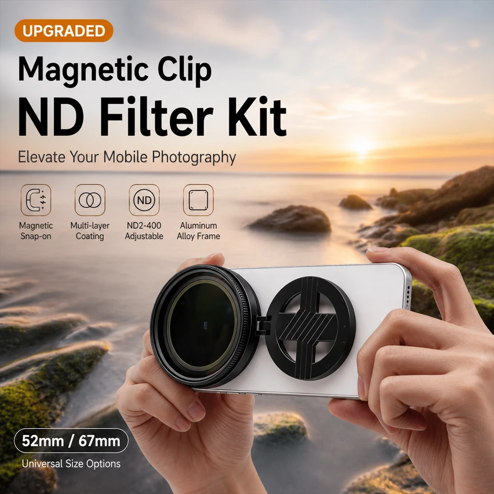 ND2-400 Variable ND Filter Magnetic Phone Lens Kit 52mm 67mm Optical Glass Multi Coated for iPhone Android Video Shooting Hobby