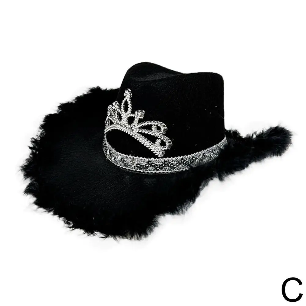 Wide Brim Pink Fur Brim Cowboy Hats Cowgirl Party Carnival Western Hats Stylish Glitter Crown Sequin Feather Caps For Women T2P7