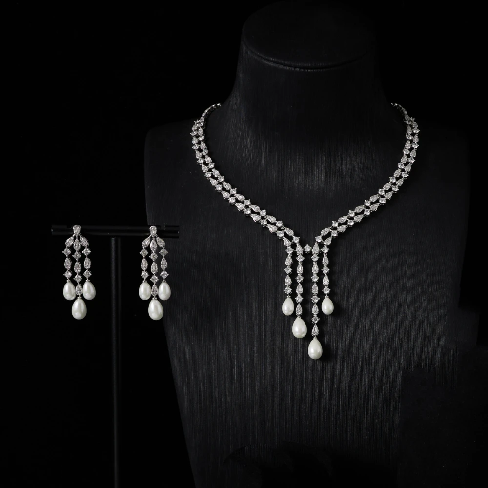 

INJEWELIFE ожерелье и серьги с кисточками и жемчугом для женщин, модный комплект ювелирных изделий с кубическим цирконием, Дубай, Саудовская вечеринка, свадебные украшения