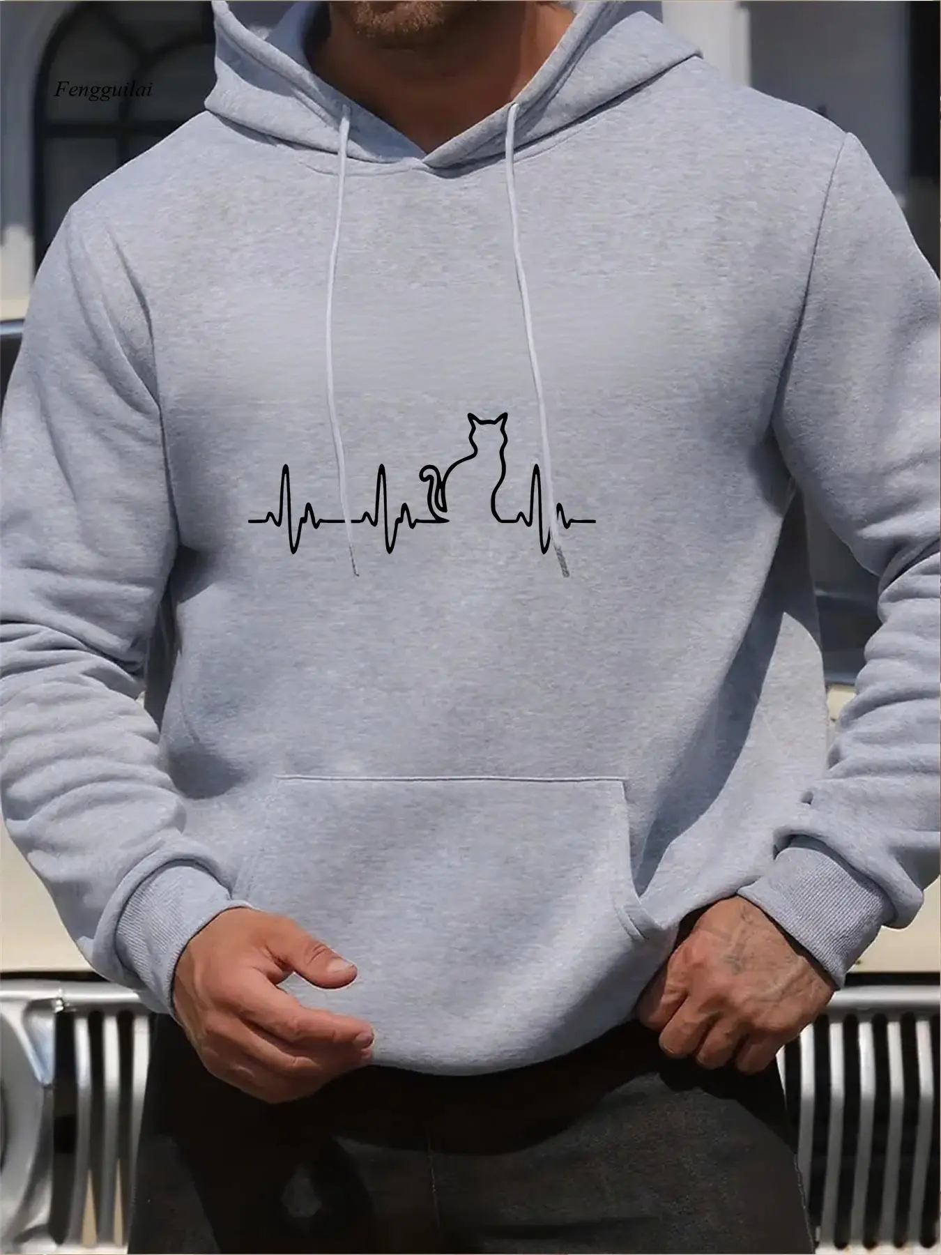 Cat EKG Heartbeat & Paw Print Hooded Sweatshirt - Warm Winter Hoodie, Urban Streetwear Gym Casual, Cat Lover Apparel