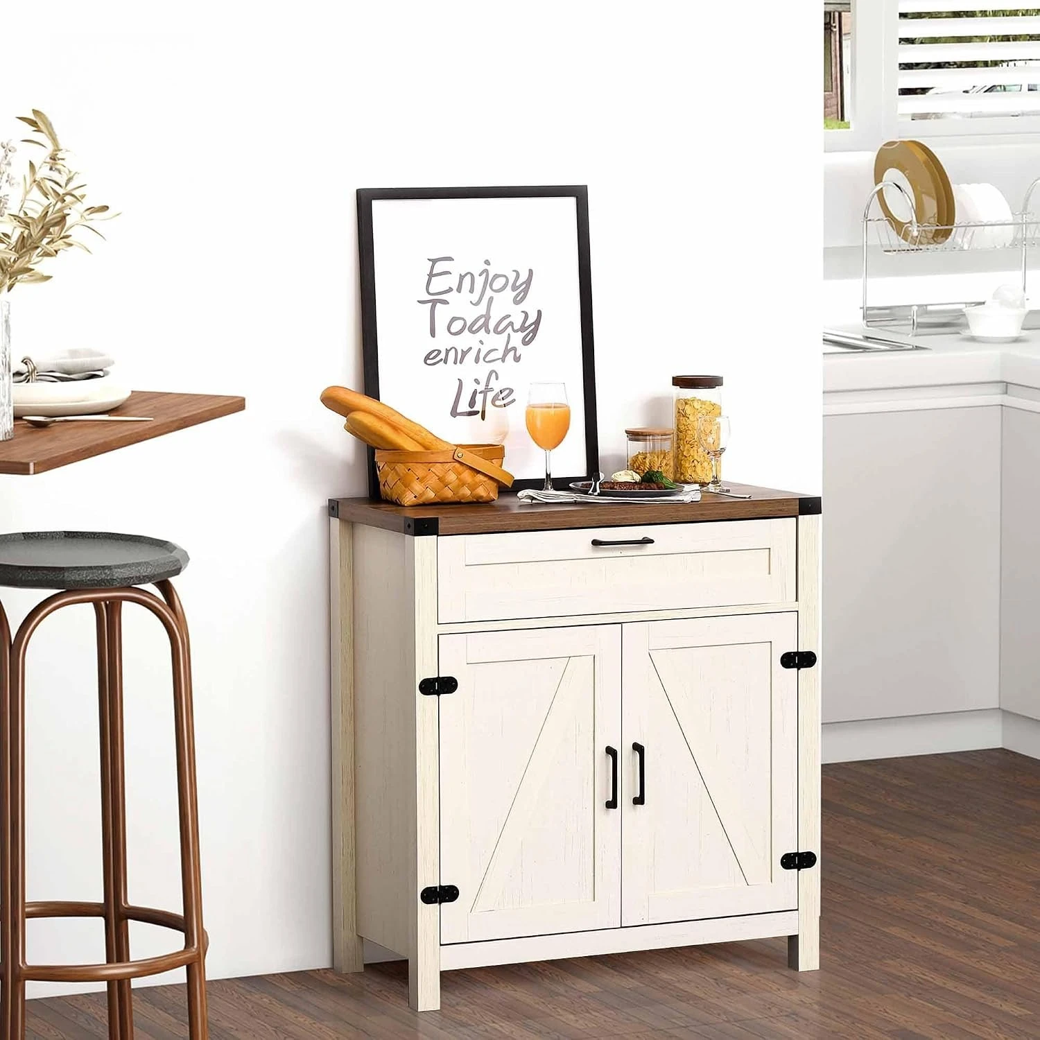 Sideboard Buffet Storage Cabinet, Coffee Bar Station With Drawer And Enclosed Cupboard, Dining Room Kitchen Living Room Entryway Organizer, Modern Farmhouse Style, Distressed White, 1 Piece