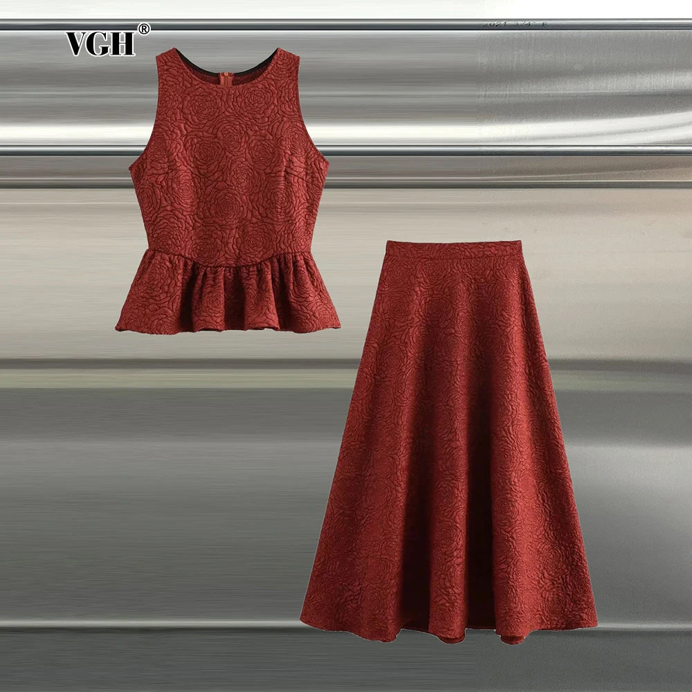 VGH Office Two Piece Set For Women O Neck Sleeveless Spliced Ruffles Tops High Waist A Line Pleated Long Skirt Solid Suit Female