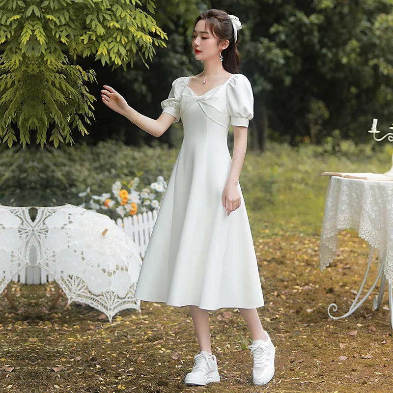 Witte Vierkante Kraag Lantaarn Mouw Rug Rits A-Lijn Avondjurk Vrouwen Formele Jurken Cheongsam Formele Jurk Vrouwen Elegant