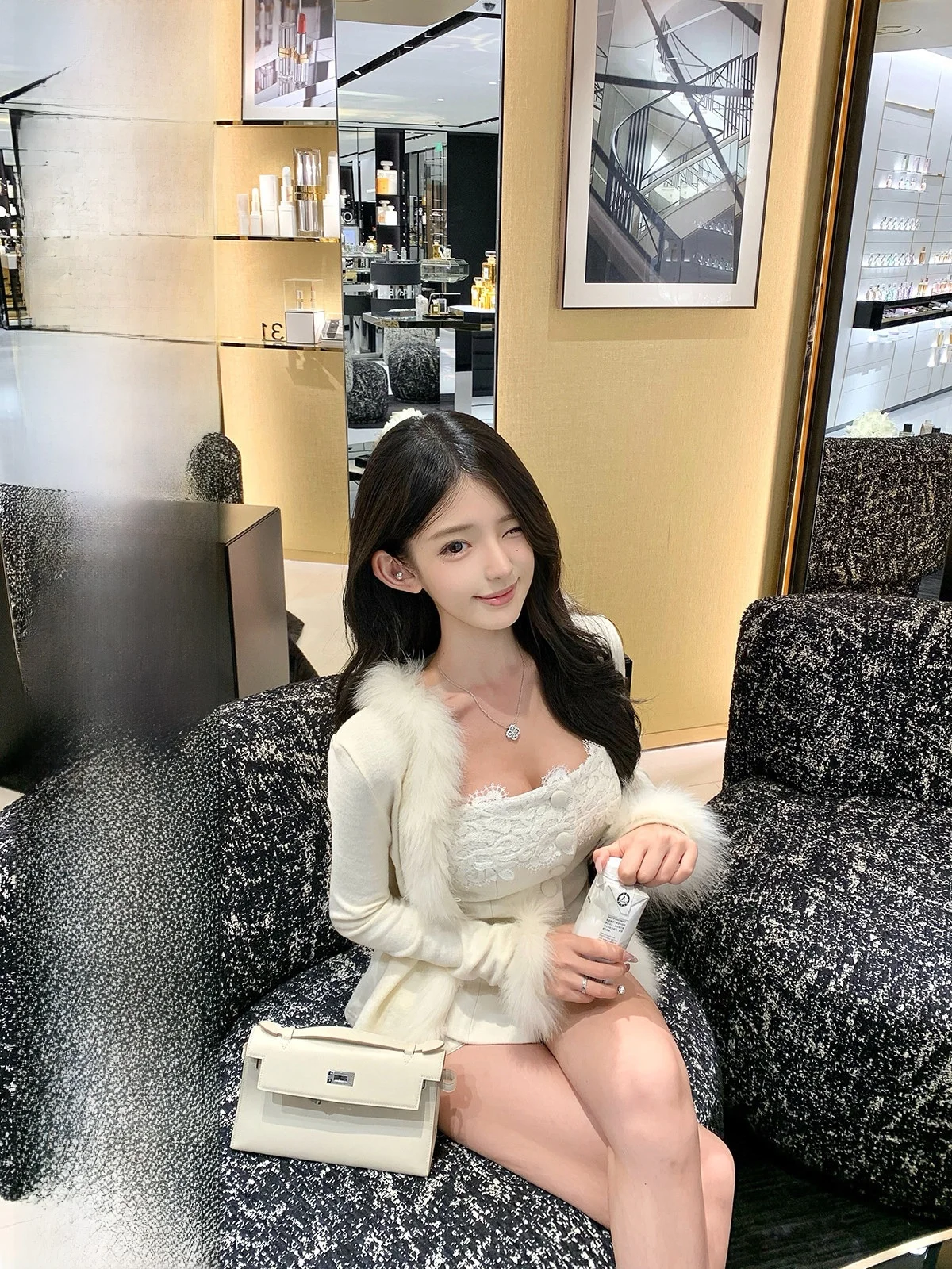 

Женский модный комплект Hotdog Spicy: кружевные брюки и пальто с меховой отделкой, удлиненный, для осенне-зимнего сезона