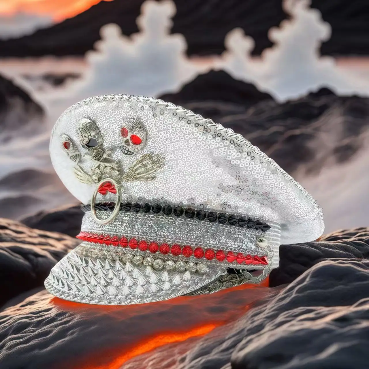 HongLuan Gelber Laser-Leder-Loop-Kapitänshut mit Strasssteinen und Militärkappen für Damen, Rave-Festivals-Accessoires und Partymütze für Herren